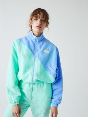 Lacoste LIVE Bicolour Zip Windbreaker Light Blue/Mint Green Jacket Women's 40